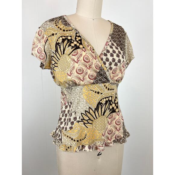 Vintage Tops - Vintage Y2K Brown Mixed Print‎ Pattern Top Large No Boundaries Fairy Cyber 2000s